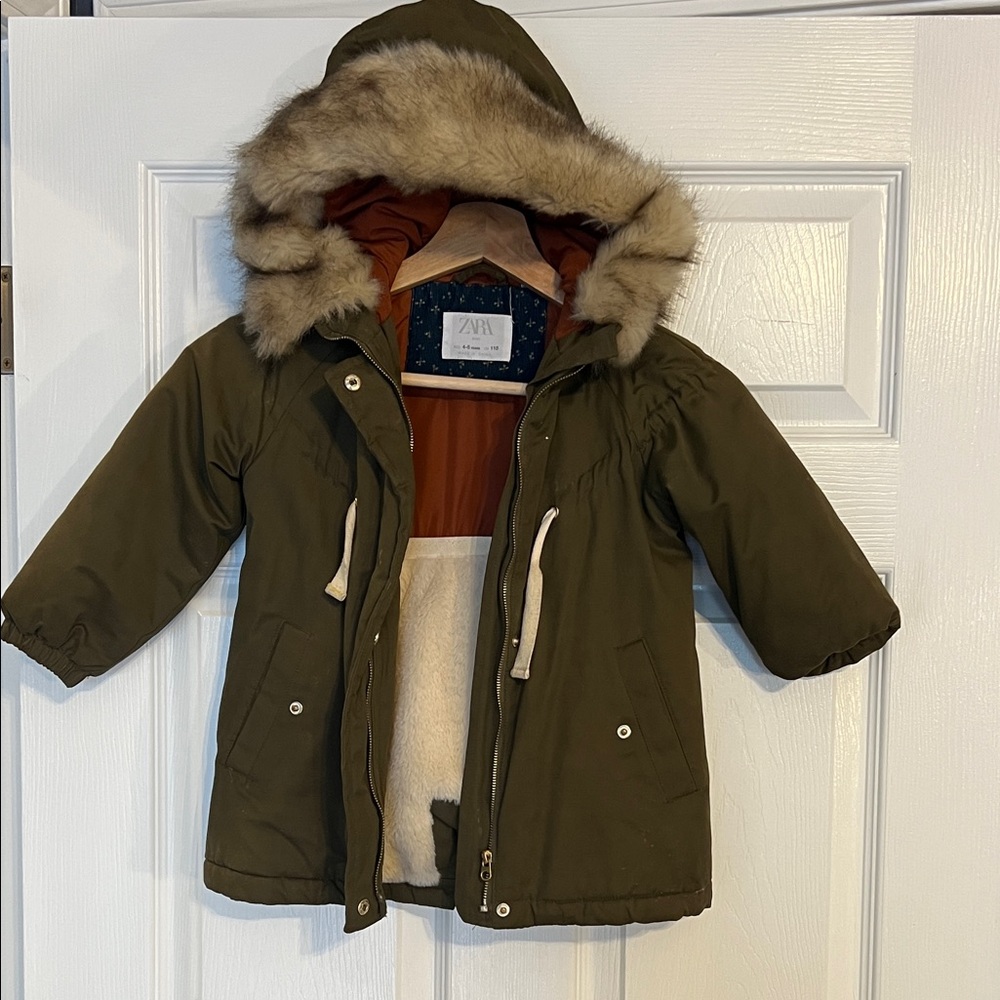 Zara Olive Green Fur-Trimmed Coat kids